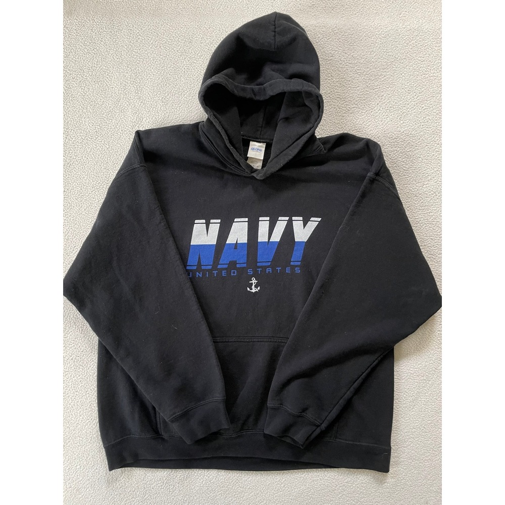 Gildan Mens Extra Large Hoodie Black US Navy Skull Anchor Graphic Sweatshirt